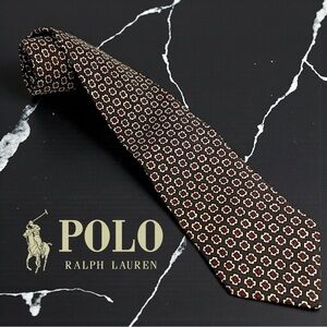 Polo Ralph Lauren 100% Silk Tie Brown Geometric Medallion Pattern Hand Made